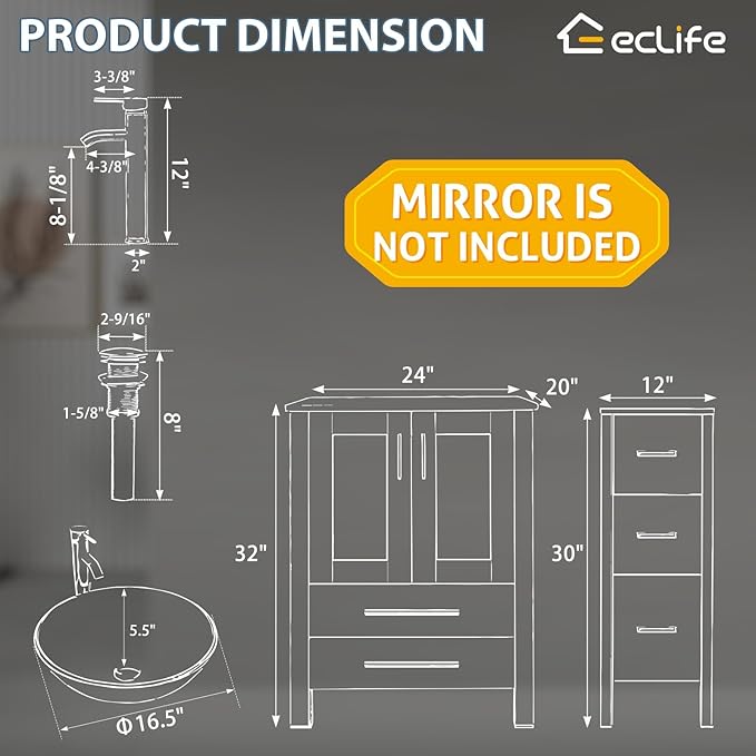 eclife 48" Modern Bathroom Vanity Sink Combo Freestanding Cabinet with Small Side Cabinet, Brown Round Glass Vessel Sink, Water Save Faucet, Drain (White+A09)