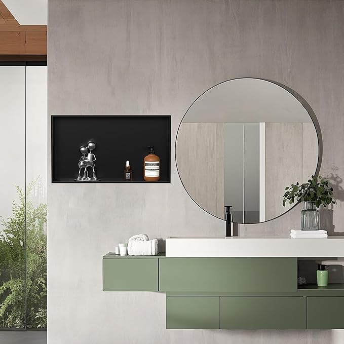 Homevacious Shower Niche 16 x 24 Inch Stainless Steel No Tile Needed Matte Black Bathroom Shelf Rimless Recessed Wall Niche for Bathroom Storage