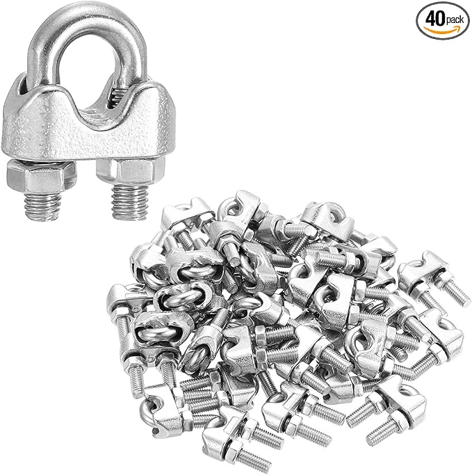 MECCANIXITY 40Pcs Wire Rope Cable Clip Clamps 3/16 Inch M5 Small 304 Stainless Steel U Bolt Saddle Fasteners Hardware for Secure Rigging Marine Guy Line Fence Clothesline, Silver