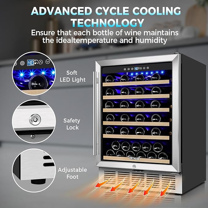 24 Inch Wine Fridge, 54 Bottle Wine Cooler Refrigerator with Stainless Steel Glass Door, LED Display, Upgraded Compressor, Built-In or Freestanding for Home Bar Kitchen