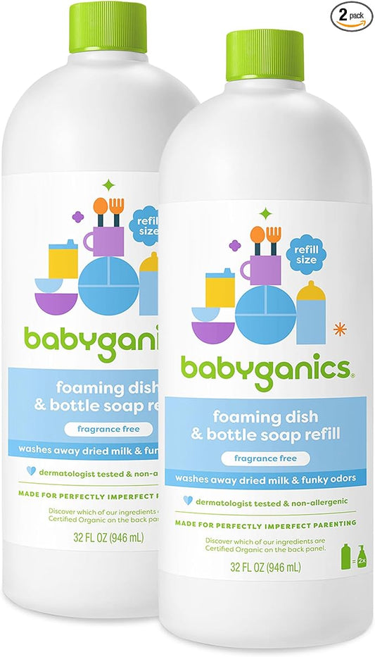 Babyganics Foaming Dish & Bottle Soap, Fragrance Free, Removes Dried Milk, 32 Fl Oz (Pack of 2), Packaging May Vary