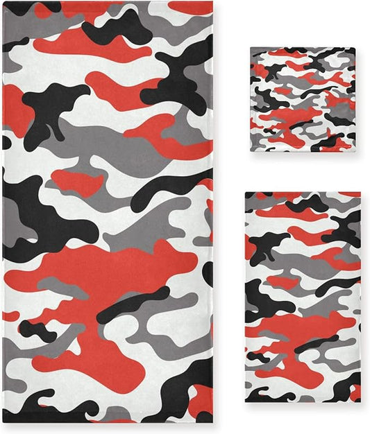 3 Piece Red Black Camo Bath Towels Set,Microfiber Decorative Camouflage Military Army Hunting Themed White Gray Bathroom Towels,1 Bath Towel 1 Hand Towel for Kitchen,1 Washcloth for Body Face