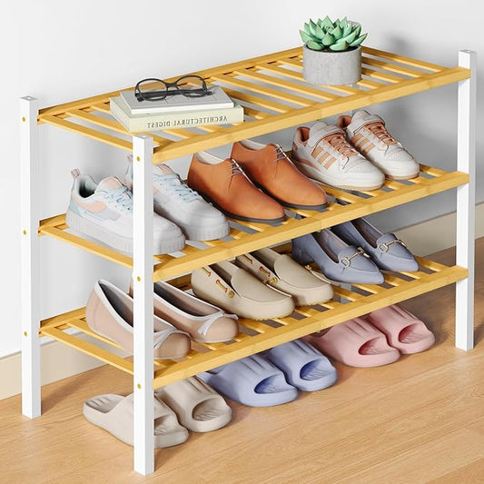Smiry Bamboo Shoe Rack for Closet, 3 Tier Wooden Stackable Shoe Organizer, Free Standing Shoes Storage Shelf for Entryway, Front Door Entrance, Natural & White