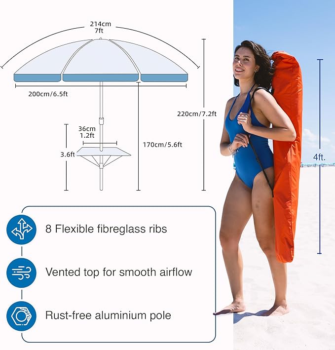 AMMSUN 7ft Heavy Duty High Wind Beach Umbrella with sand anchor Built-in Table Tray Vent Tilt Pole, UPF 50+ Windproof Portable Outdoor Umbrellas Carry Bag for Patio Garden Pool Backyard Red