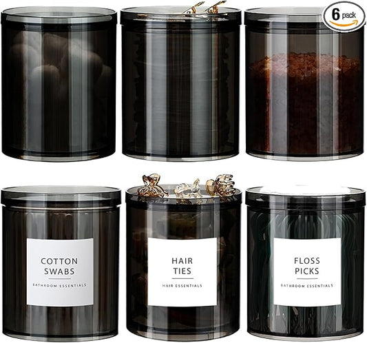 SheeChung 6-Pack Black Stackable Apothecary Jars - (10oz & 12oz) Mixed Sizes Qtip Holder - Modern Industrial Bathroom Accessories Decor with Storage Lids - Translucent Black