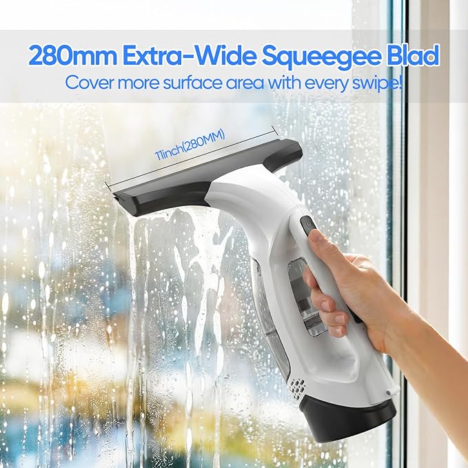 Window Vacuum Squeegee Cordless, 2000Pa Electric Window Cleaner Tool with Extension Pole Window Cleaning Kit 11" Shower Squeegee for High Windows, Shower Doors, Tile & Car Windshield