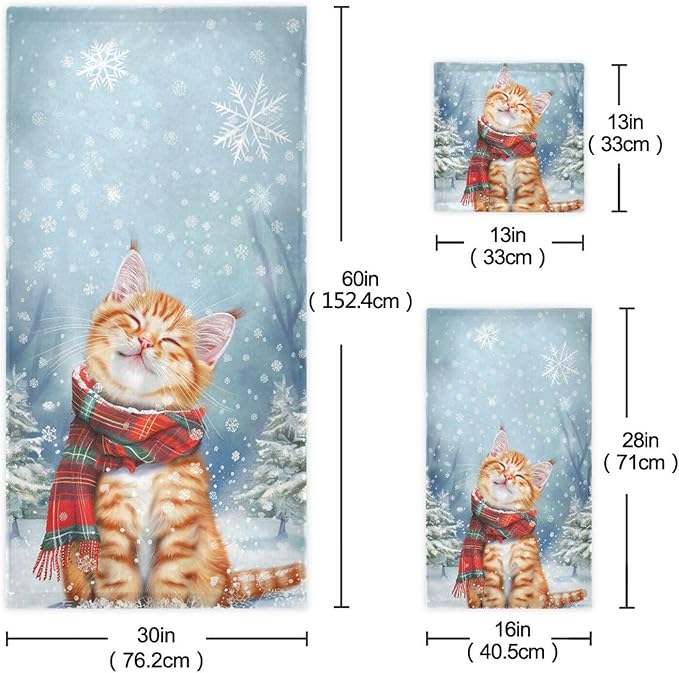 Pfrewn Christmas Winter Towels Set of 3 Cute Cat Wearing Plaid Scarf Bathroom Towel Soft Absorbent Bath Hand Towels Washcloth Guest Towel Sets Xmas Holiday Decor