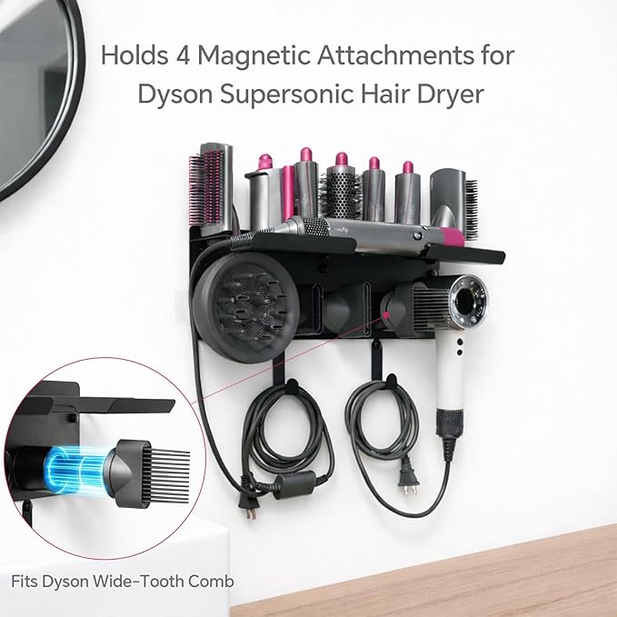 Dyson Airwrap Holder Wall Mount, 2in1 Dyson Airwrap Organizer and Dyson Hair Dryer Holder, Dyson Hair Dryer Stand Compatible with Dyson Airwrap Styler & Supersonic Nural Black BANJEKT