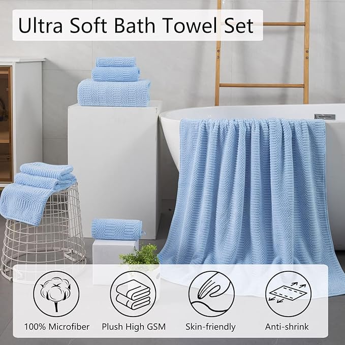 8 Piece Oversized Blue Bath Towel Set-2 Extra Large Bath Towel Sheets,2 Hand Towels,4 Washcloths-600GSM Soft Highly Absorbent Quick Dry Beach Chair Towels Woven Towels for Bathroom Hotel and Spa
