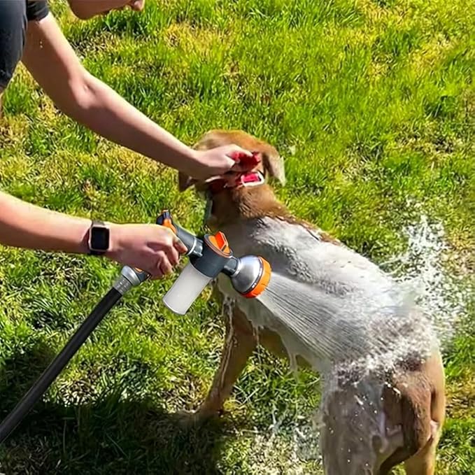 Dog Washing Hose Attachment, 8-in-1 Sprayer Hose Nozzle with Soap Dispenser for Dog Showering, Watering Flowers, Car Washing (With Brush and Lint Remover)