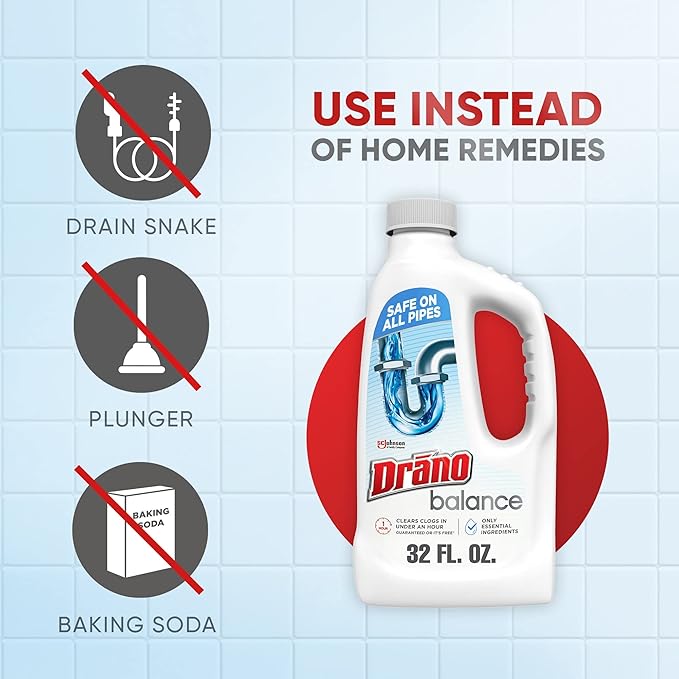 Drano Drain Clog Remover, Non-Corrosive Formula, 32 Fl Oz, Pack of 2 | Safe on All Pipes | Essential Ingredients