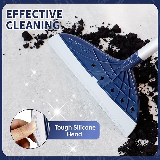 Air Broom for Household Cleaning, Silicone Broom Adjustable Handle, Sweep and Scrape 2-in-1 Squeegee Broom for Wet&Dry Messes, Hair, Liquids, Glass on Smooth Floor, Includes 2 Broom Heads (Blue)