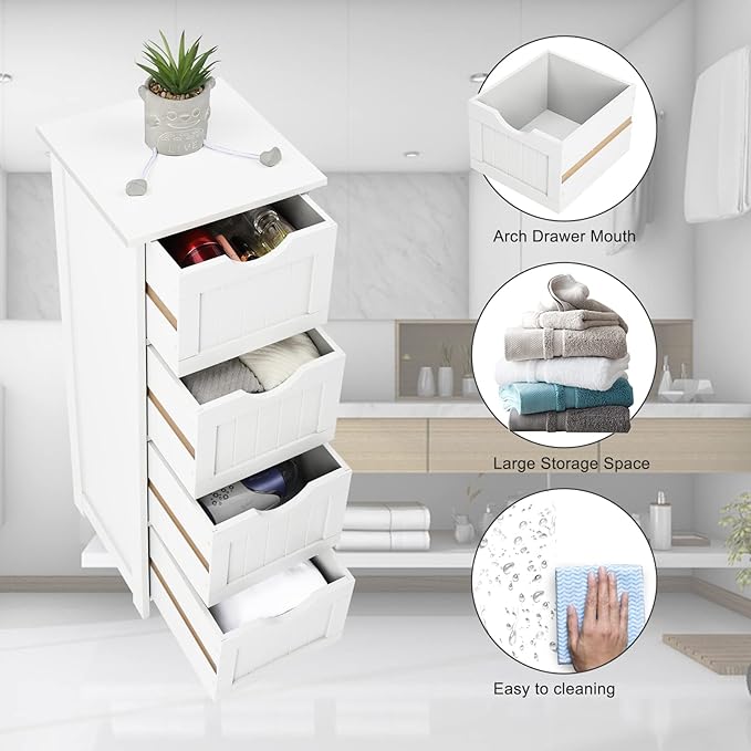 Bonnlo Bathroom Storage Cabinet Skinny Wooden Side Bathroom with 4 Drawers Small Free Standing Floor Cabinet White Slim 12 Inch Wide Organizer for Bedroom Living Room, 12 Inch Deep Narrow Organizer