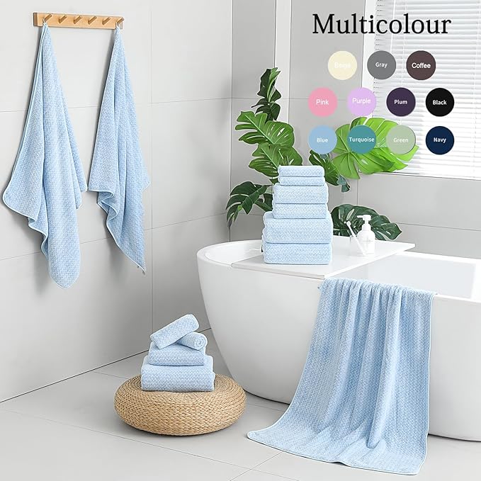 Ycosy 18 Piece Bath Towels Set,100% Microfiber Family Bathroom Towel with Hanging Loops-6 Bath Towels,6 Hand Towels,6 Washcloths,Quick Dry Highly Absorbent Shower Towel for Bathroom,Hotel,Spa-Blue