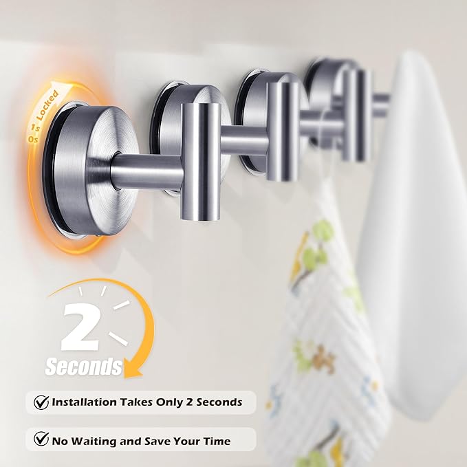 YOHOM Suction Cup Hooks for Shower Wall Bathrooms Towels Hook for Glass Door Heavy Duty Stainless Steel No Drill for Glass Doors, Window, Tile, Mirrors, Holds Up to 5lbs (Silver, 4 pcs)
