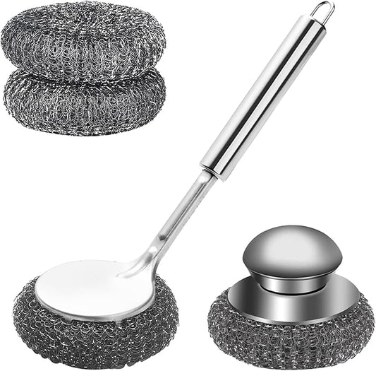 Steel Wool Scrubber with Handle, Stainless Steel Pan Cleaner Scrubber with Long Short Handle Cleaning Brush Metal Scrubber with Replacement, Steel Scrubber for Dishes Tableware Home Kitchen