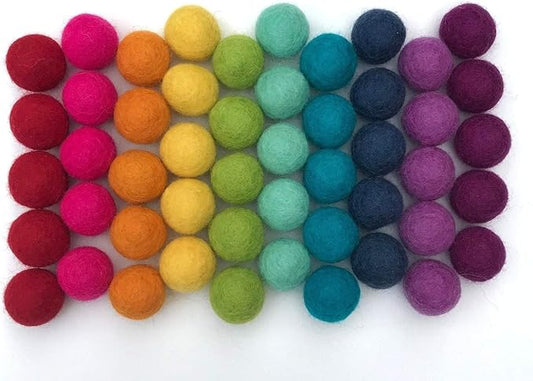 Rainbow Party - 100% Handmade Wool Felt Pom Poms - (50) Pure New Zealand Wool Felt Balls - DIY Pompoms - 0.8-1.0" Size - Drawstring Muslin Bag