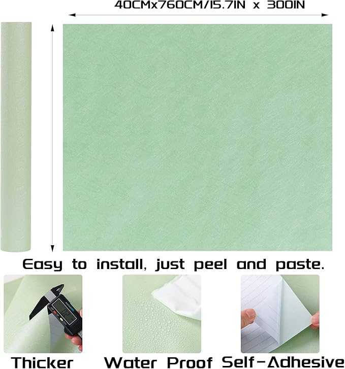 Peel and Stick Wallpaper Green Silk Wall Paper - 15.7 x 300 Inch Self Adhesive Wallpaper Peel and Stick, Easy to Paste Wall Contact Paper for Stand Liner, Table and Door Makeover Decor