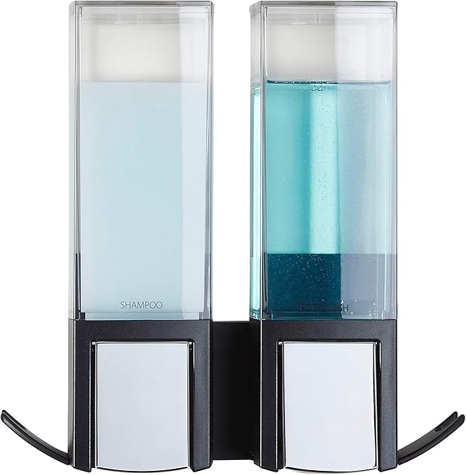 Better Living Clever Double Shower Dispenser 2 Chamber, Wall Mount Shower Soap Dispenser for Bathroom Hotel Body Wash, Storage Hooks, No Drill, Waterproof Shampoo Soap Dispenser, 2 x 17 oz, Black