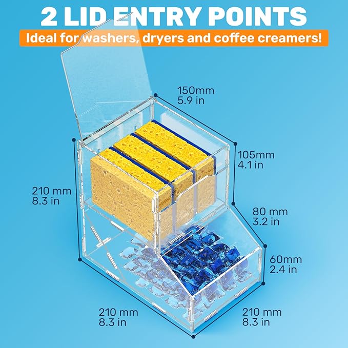 Acrylic Laundry Pods Organizer with 2 Lids - Multi-Purpose Dispenser for Dishwasher Pods, Detergent Powder, Dryer Balls & Snacks | Wall Mount or Desktop Storage
