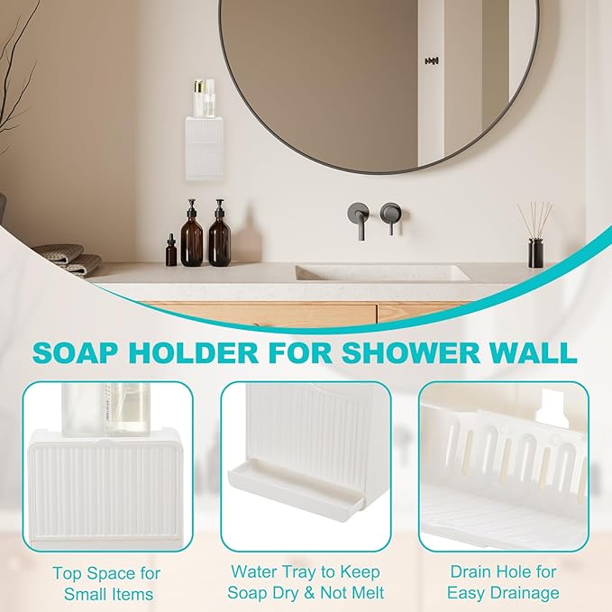 uxcell Soap Holder, 5.12 x 8.66 x 2 Inches Double Grid Wall Mounted No Drill Soap Dish for Shower, Bathroom & Kitchen - Self Draining Design Keeps Soap Dry(Khaki)