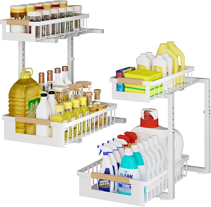 Under Sink Organizer 2-Pack 2 Tier Pull out Cabinet Organizer Shelf Metal Undersink Rack for Kitchen Bathroom Pantry Cabinet Organization and Storage, White