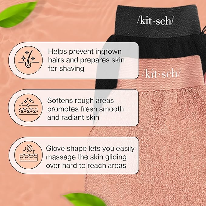 Kitsch Shower & Body Care Bundle – Luxury Reusable Waterproof Shower Cap for Women & Men, Flexi Satin Lined, Adjustable – 2pc Exfoliating Gloves, Deep Skin Scrubber for Smooth, Renewed Skin
