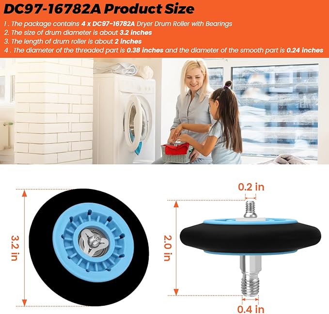 (𝟐𝟎𝟐𝟔 𝙐𝙥𝙜𝙧𝙖𝙙𝙚𝙙) DC97-16782A Dryer Drum Roller with Update Bearings by Beaquicy - DC97-16782E Replacement for Samsung Dryer-Replaces DC97-07523A PS4221885 AP5325135 - Pack of 4