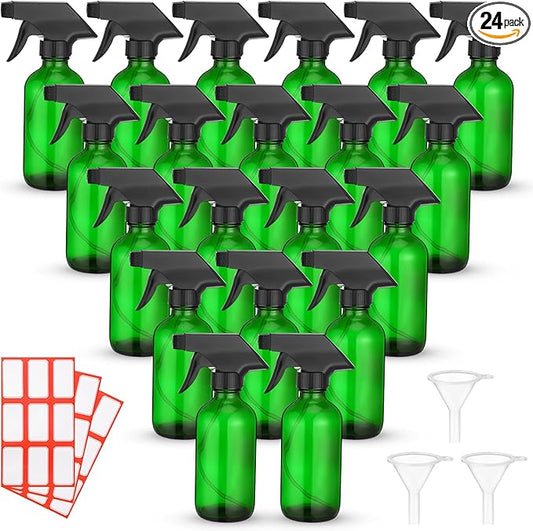 Norme 24 Pcs Glass Spray Bottles with Funnels and Labels 8 oz Refillable Cosmetic Empty Spray Containers with Trigger Squirt Containers for Essential Oil Cleaning Solutions(Green)