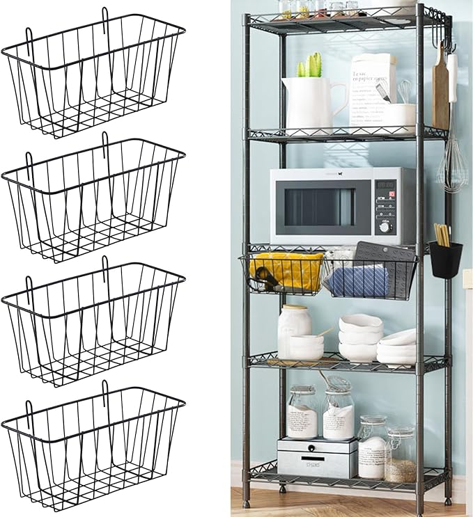 4 Pack Large Grid Wall Baskets with S-Hook - Gridwall Accessories Set Black Metal Hanging Shelf Basket Bins Organizer - Modular Storage Holders for Photo Display Panel Shelving Caddy for Garage