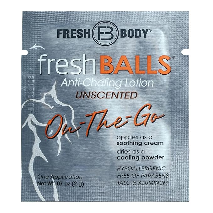 FRESH BALLS Starter Pack - Anti Chafing Lotion for Men, Chafing Cream to Powder Ball Deodorant - Aluminum-Free, Talc-Free 3.4oz Tube & 0.07oz On-The-Go Travel Size Packet (Pack of 15)