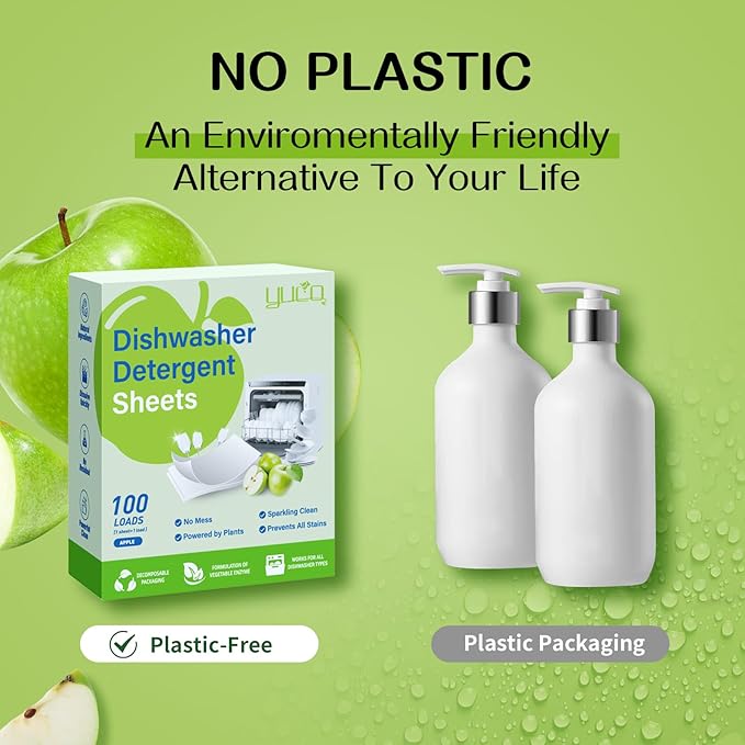 YUCO Dishwasher Detergent Sheets 100 Loads, Liquid-Free Dish Soap Cleaner Strips Eco-Friendly No Plastic Dishwasher Pods Detergent, Use in Dishwasher or Sink, Leaving Dishes Sparkling Clean (Apple)