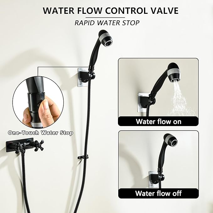 Black RV Shower Faucet with 3-Modes Shower Head and Hose, All Metal Camper Shower Faucet Replacement, 4" RV Outdoor for Travel Trailer, Camper, Motorhome