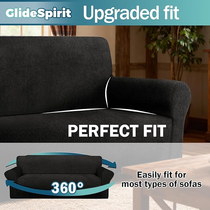Waterproof Stretch Spandex Loveseat Couch Cover - Non-Slip Soft Sofa Slipcover with Elastic Bottom, Washable Leakproof Furniture Protector for Kids, Pets, Dogs & Cats (Loveseat, Black)