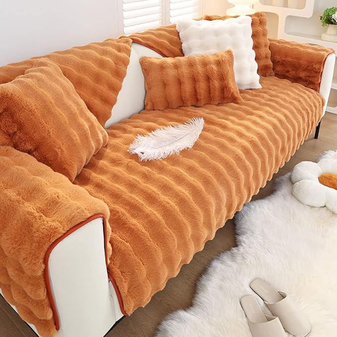 Soft Warm Faux Fur Couch Sofa Cover Thick Shaggy Fuzzy Sectional Couch Cover Non-Slip Solid Color Plush Sofa Slipcover Furniture Protector for Kids, Pets (Dark Orange,36"x70")
