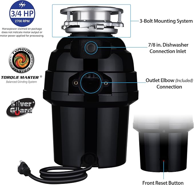 TITAN 10-US-TN-GAR-3B Torque Garbage Disposal System with Stainless Steel Impellers & Griding Components, Black (3/4 HP | Deluxe)