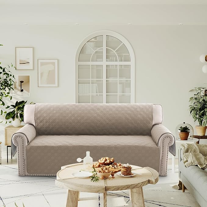 PrinceDeco Couch Cover for 3 Cushion Sofa Wateroroof Couch Sofa Cover for Dogs Diamond Quilted Pattern Furniture Protector Cover with Elastic Straps for Pet Cat (Sofa,Taupe)