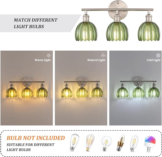 Bathroom Light Fixtures, 3-Light Vanity Wall Light Over Mirror with Green Tulip Glass Shade for Bedroom Living Room (Bulb Not Included), Satin Nickel