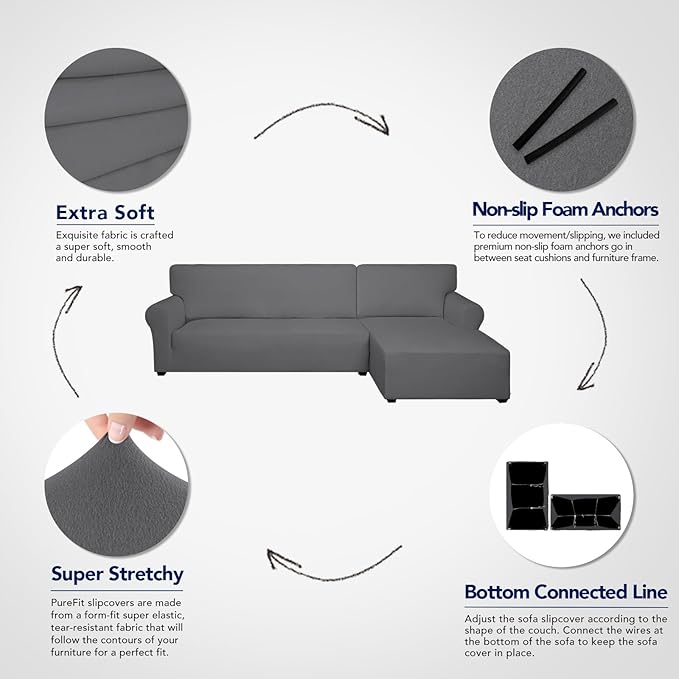 PureFit Super Stretch Sectional Couch Covers - 2 pcs Spandex Non Slip Sofa Covers with Elastic Bottom for L Shape Sectional Sofa Couch, Great for Kids & Pets (3 Seat Sofa + 2 Seat Chaise, Gray)