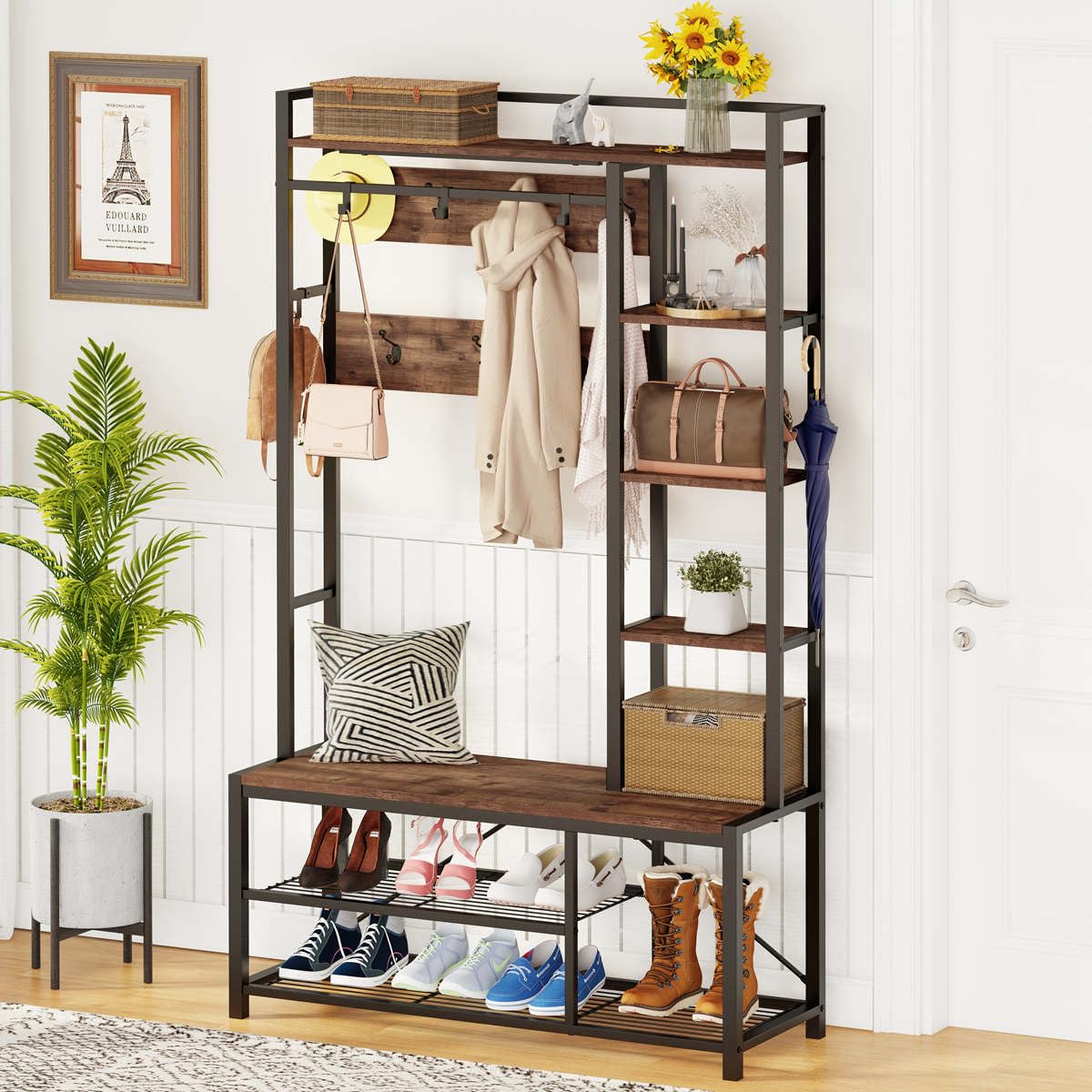 Hall Tree with Shoe Storage, 5-in-1 Reversible Entryway - Image 1