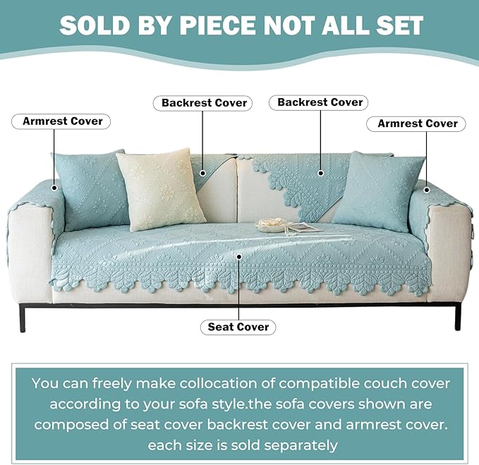 Cotton Quilted Dog Couch Cover for Sofa Farmhouse Rustic Embroidery Sectional Couch Cover Soft Anti-Slip Sofa Slipcover Furniture Protector for Kids, Pets (Blue,43"x70")