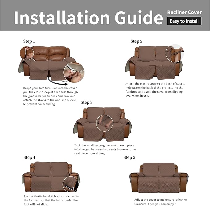 Easy-Going Loveseat Recliner Cover, Reversible Couch Cover for Double Recliner, Split Sofa Cover for Each Seat, Furniture Protector with Elastic Straps for Kids, Dogs, Pets(2 Seater, Brown/Beige)