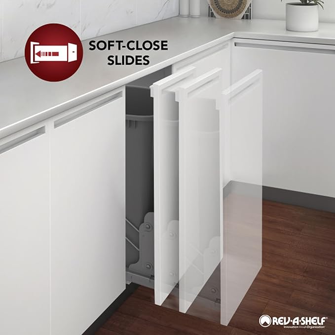 Rev-A-Shelf Double 30-Quart Pullout Under Cabinet Trash Cans with Soft Open & Close Slide System, Metallic Silver, Maple Wood Bottom 4WCBM-2430DM-2
