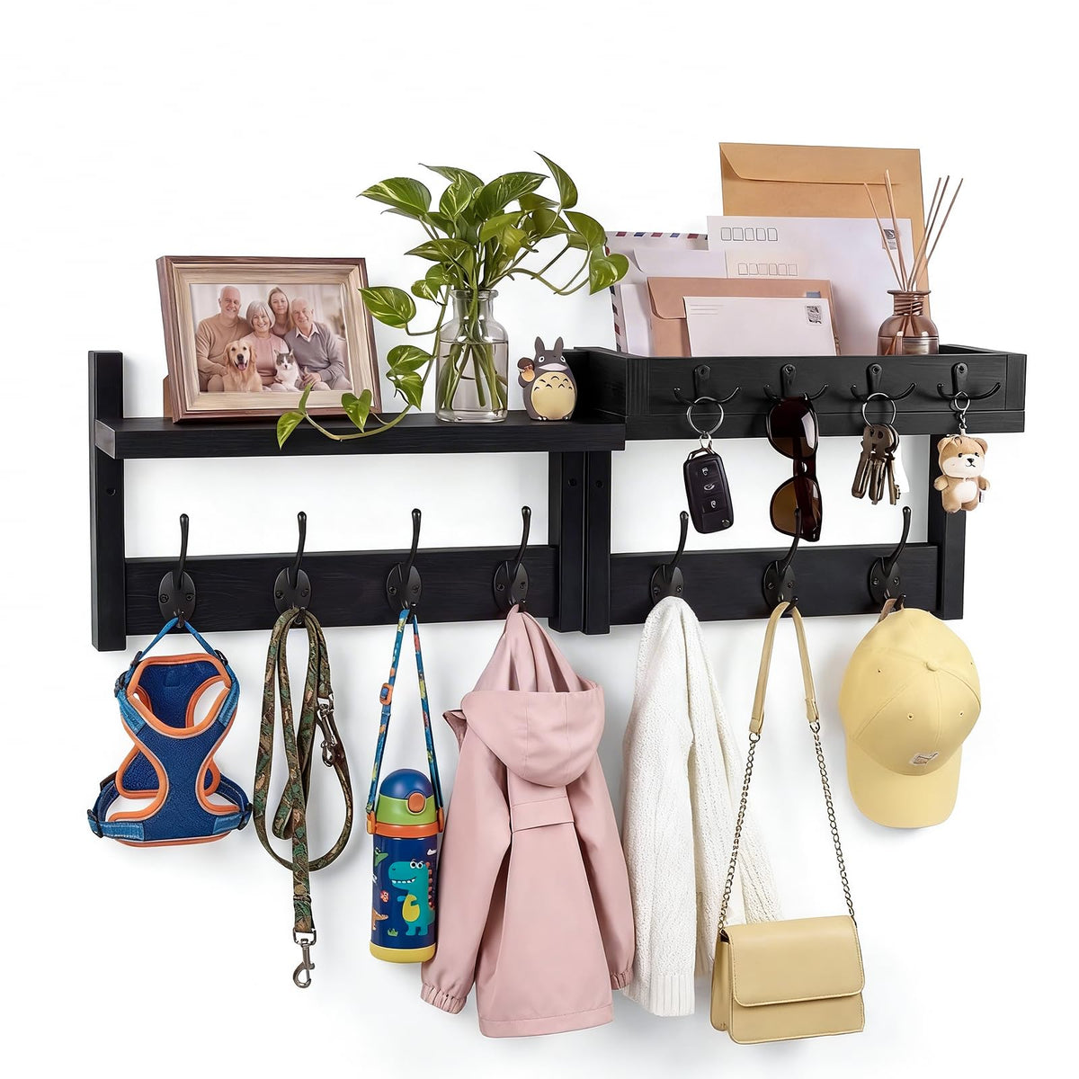 29" Coat Rack Wall Mount with Shelf, Mail & Key Organizer, Black - Image 1