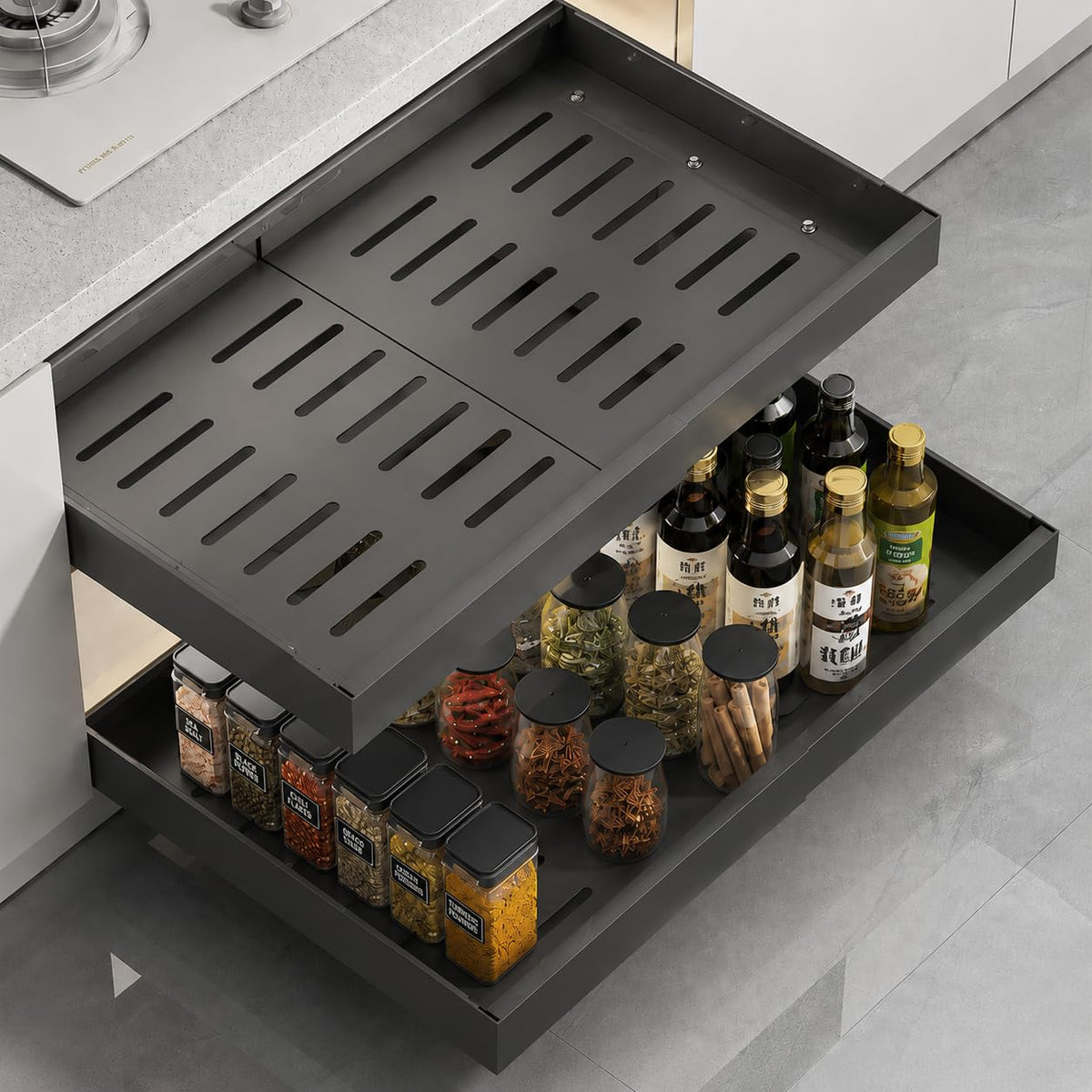 Pull Out Cabinet Organizer, 2 Pack, 12.6"-20.5", No Drill, Black - Image 1