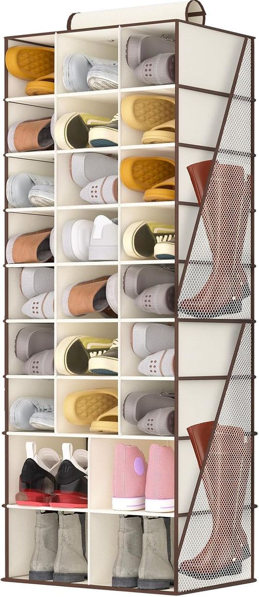VERONLY Hanging Shoe Organizer for Closet-Collapsible Storage Rack with 25 Sections & 4 Side Pockets, Hanging Shoe Shelves for Hats,and Clothes, Beige
