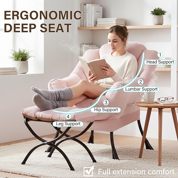 Welnow Lazy Chair with Ottoman, Modern Lounge Accent Chair with Armrests and a Side Pocket, Leisure Sofa Armchair, Reading Armchair with Footrest for Small Space, Pink