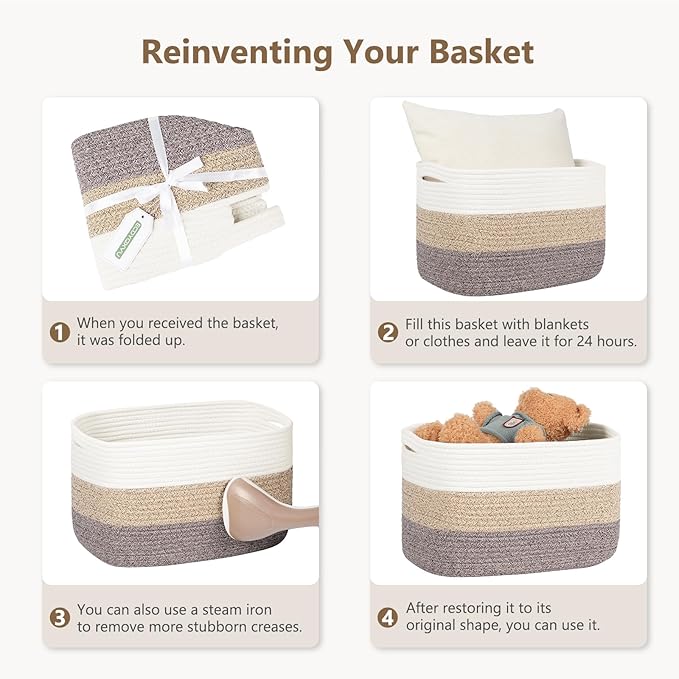 Cotton Rope Basket, Storage Baskets with Handle, 15x10x9 Inch Woven Basket for Shelves, Laundry, Towels, Clothes, Books, (Gradient Brown 2 Pack)