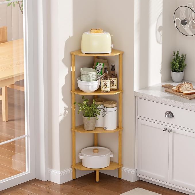 Corner Shelf Stand, 4 Tier Bamboo Corner Bookshelf, Narrow Tall Bookcase, Corner Shower Caddy, Open Storage Shelves, Plant Display Shelf, for Living Room, Kitchen, Office, Balcony, Bathroom