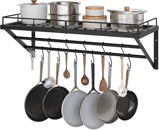 Pot Rack, 30 Inch Wall Mounted Pot Rack, Kitchen Pot and Pan Organizer with 2 Tier Hanging Rails, 12 S-Hooks, Space Saving, for Kitchen Cookware Organizer, Black PR02BK